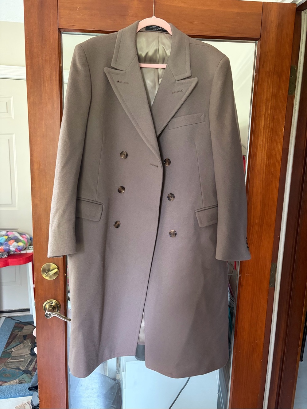 Mens Double-Breasted Wool-Blend Overcoat - Taupe